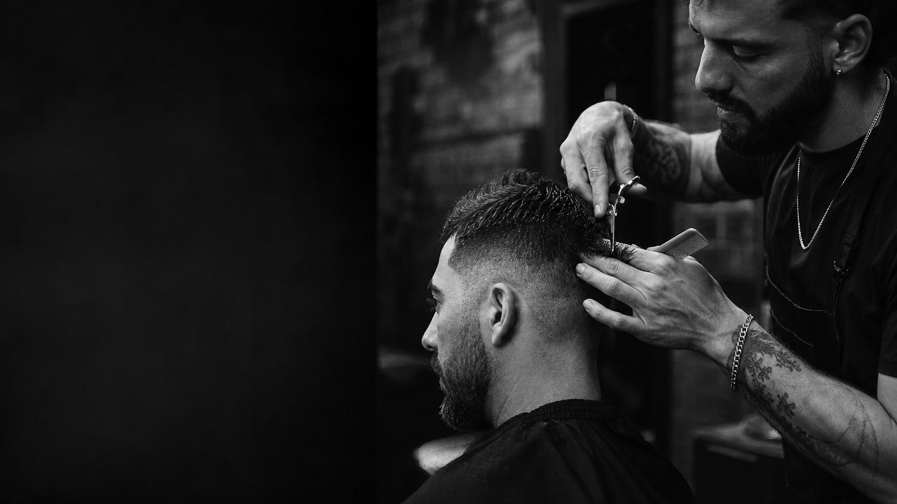 Barber strzyże włosy klienta — ilustracyjna scena